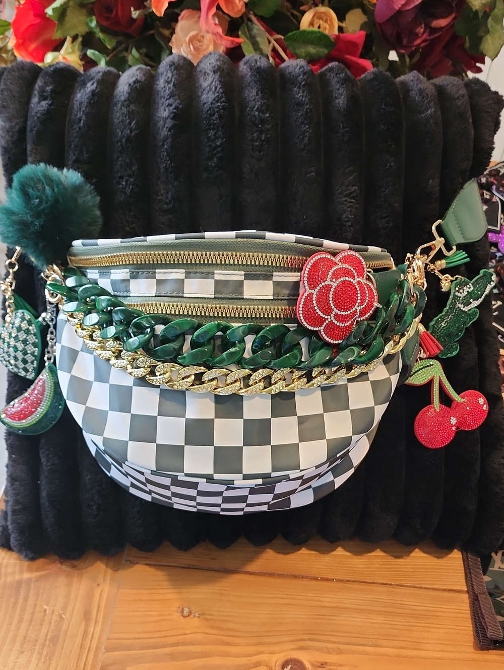 Green Checkered Chain Accent Crossbody Bag